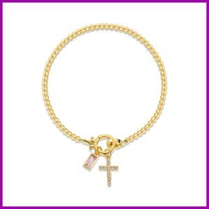Gold Beaded Stretch Bracelet with Cross Charm and Birthstone